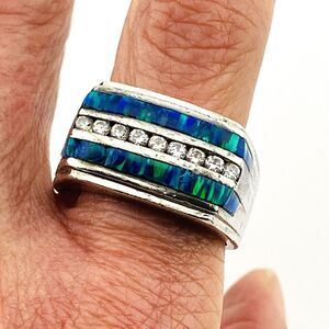 Sterling Silver Men’s Saddle Ring with Blue Opal & CZ – Size 9 – Substantial ...